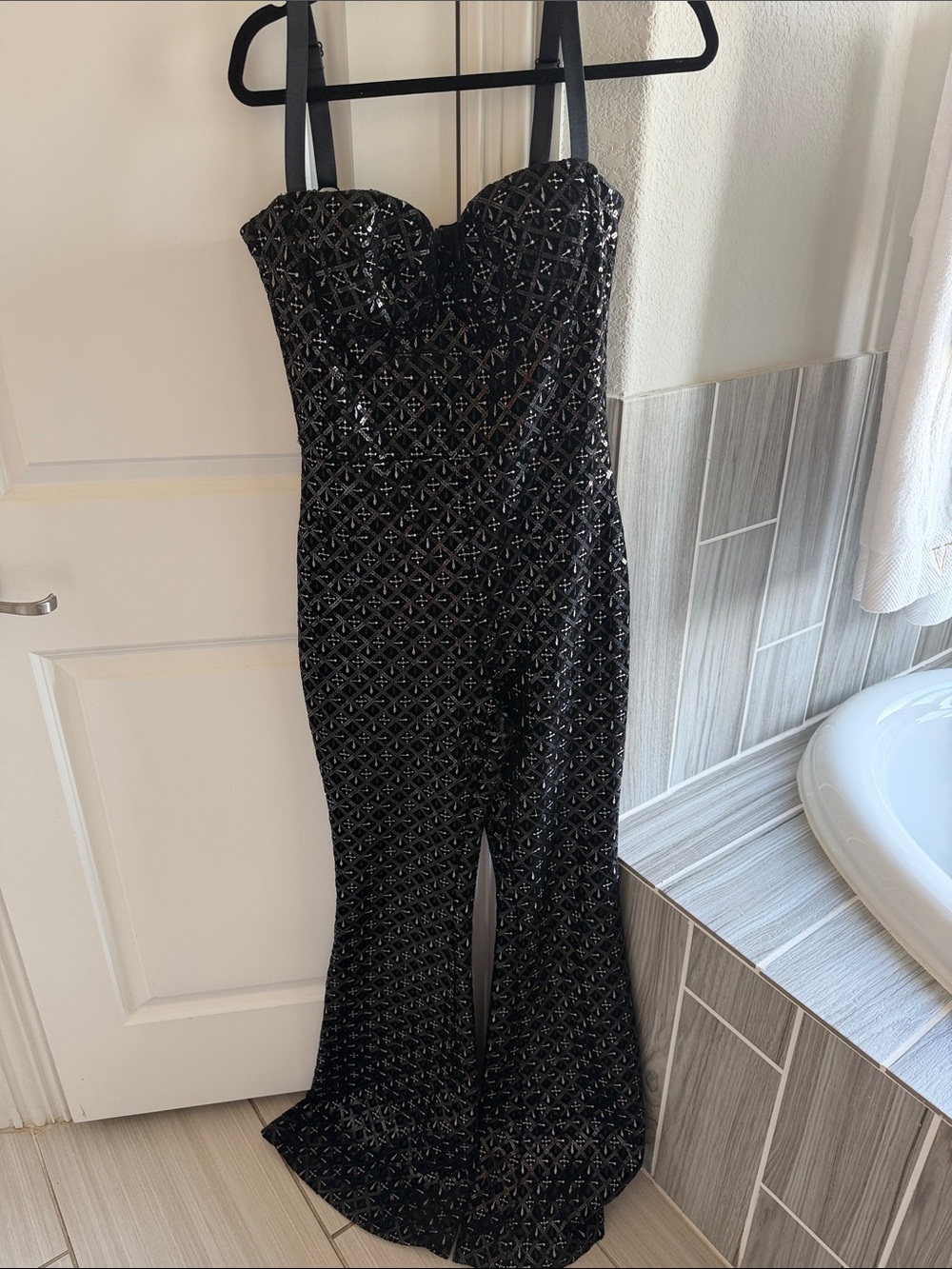 NADINE MERABI Black Embellished Strapless Jumpsuit with Straps